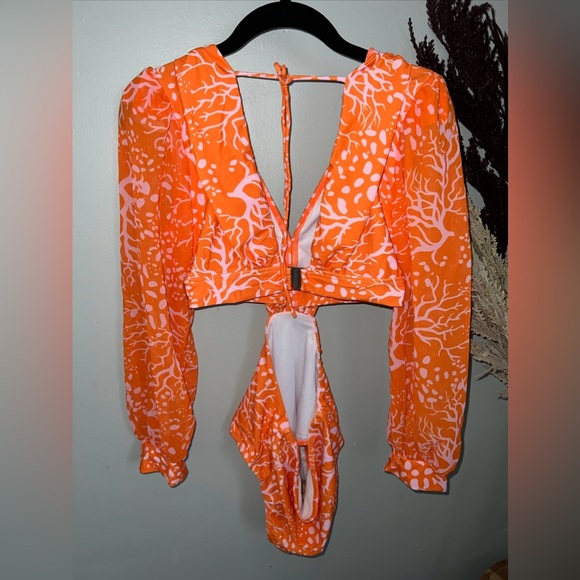 Women’s Orange One Piece Bodysuit Cutout Sides Swimsuit Sheer Sleeve Sz Med NWOT - Picture 2 of 7